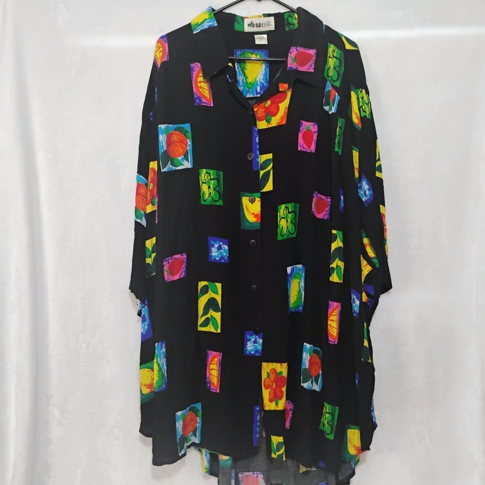 VTG 90s We Be Bop Fruit Floral Rayon Art To Wear Tunic Blouse Plus Size 5X